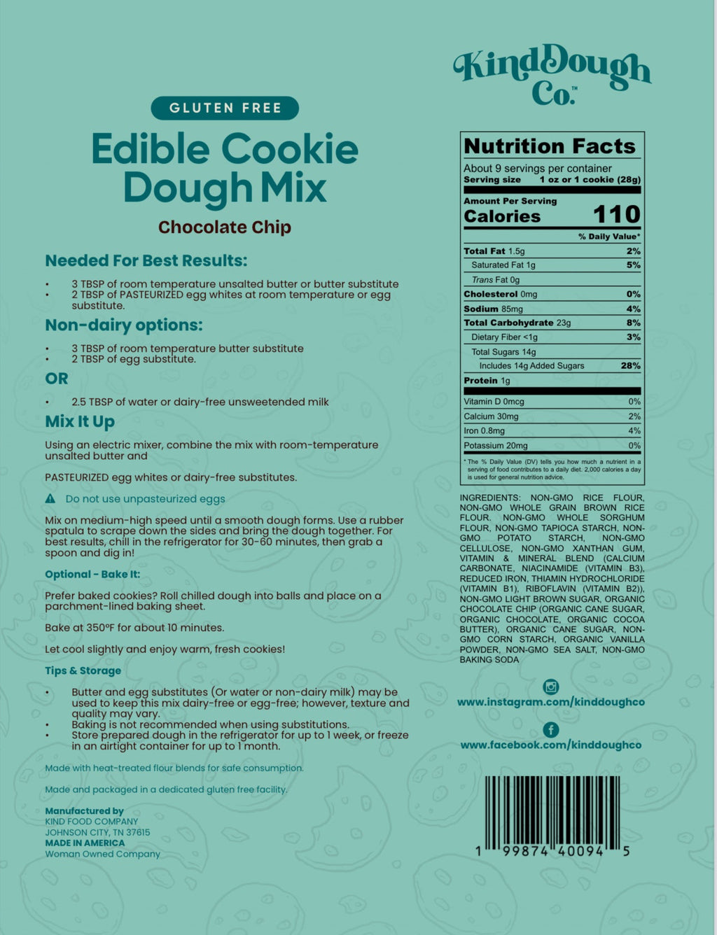 Our gluten-free edible cookie dough mix is made with real, trusted ingredients and is safe to eat straight from the bowl or bake into soft, chewy cookies. Free of the top 9 allergens and made in small batches in Johnson City, TN.